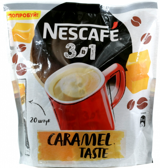 Кофе Нескафе 3в1 карамель 20 пакетиков (упаковка 24 шт)