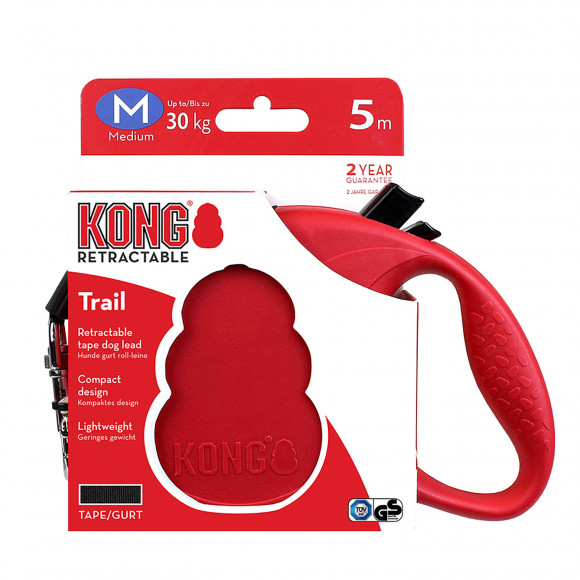 Рулетка KONG Trail для собак (весом до 30 кг), размер M, лента 5 метров, красная