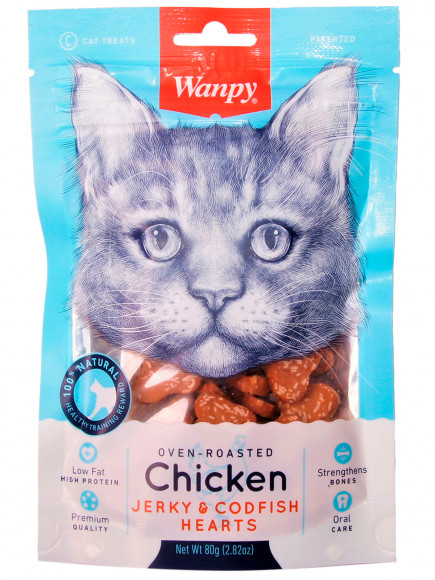 Wanpy Cat Лакомство для кошек «сердечки» из курицы с треской 80 г