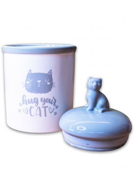 КерамикАрт бокс керамический для хранения корма Hug your cat 1650мл, бело-серая