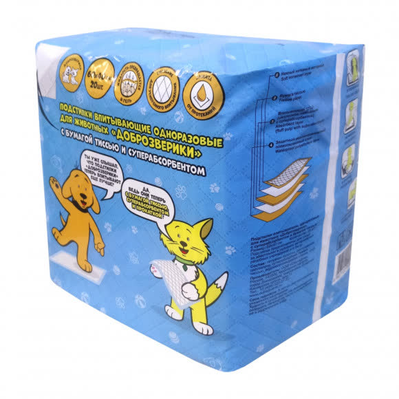 Доброзверики подстилки впитывающие для животных с бумагой тиссью и суперабсорбентом 60х40 см, 20 шт