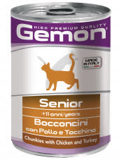 Gemon Cat консервы для пожилых кошек кусочки курицы с индейкой 415г