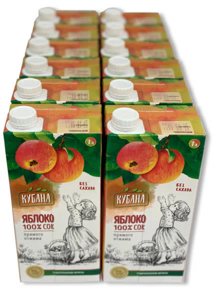 Сок яблочный прямого отжима без сахара.  1 литр, крышка (упаковка 12 штук)