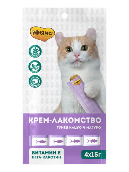 Мнямс Крем-лакомство для кошек с тунцом Кацуо и Магуро 15 г х 4 шт.