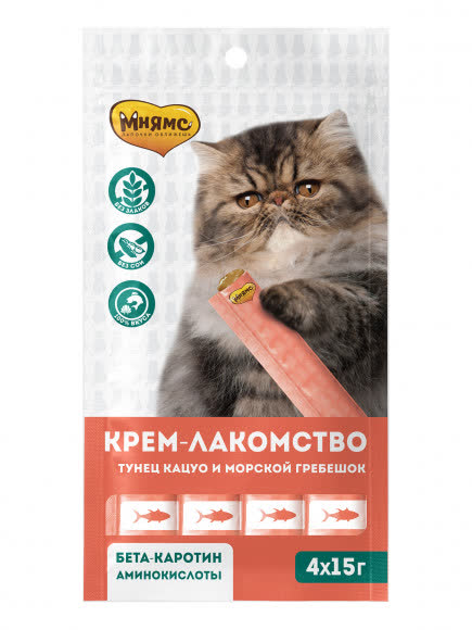 Мнямс Крем-лакомство для кошек с тунцом Кацуо и морским гребешком 15 г х 4 шт.