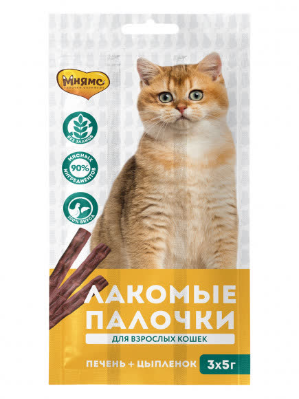 Мнямс лакомые палочки 13,5 см для кошек с цыпленком и печенью 3х5 г