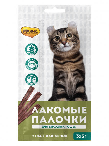 Мнямс лакомые палочки 13,5 см для кошек с цыпленком и уткой 3х5 г