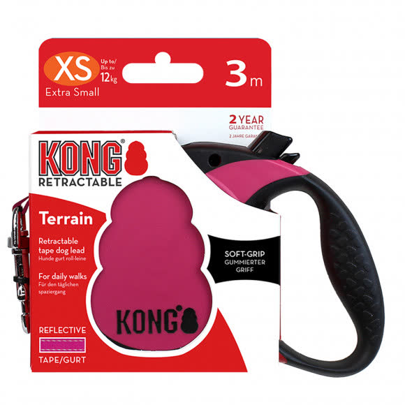 Рулетка KONG Terrain для собак (весом до 12 кг), размер XS, лента 3 метра, цвет фуксия