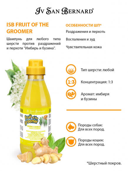 ISB Fruit of the Groomer Ginger&Elderbery Шампунь для любого типа шерсти против раздражений и перхоти 500 мл